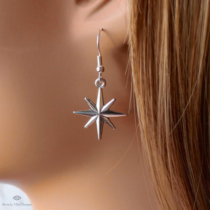 Silver Star Hoop Earrings, North Star Dangle Hoops, Celestial Jewelry for Women, Minimalist Star Earrings, Sensitive Ear & Clip-On Options