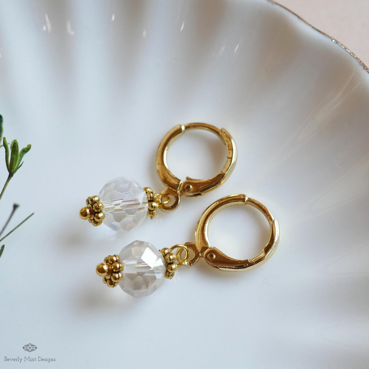 Crystal Drop Hoop Earrings, Light Weight Gold Plated Huggie Earrings, Clear Sparkly Earrings, Bead Hoops, Sensitive Ear & Clip-On Options