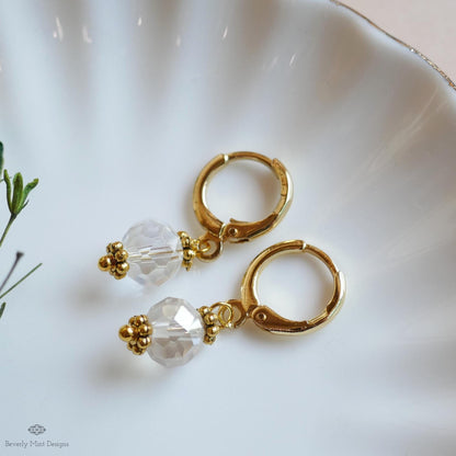 Crystal Drop Hoop Earrings, Light Weight Gold Plated Huggie Earrings, Clear Sparkly Earrings, Bead Hoops, Sensitive Ear & Clip-On Options