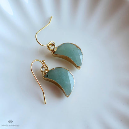Green Aventurine Moon Earrings, Green Crescent Moon Earrings, Gold Gemstone Drop Earrings, Sensitive Ear & Clip-On Options
