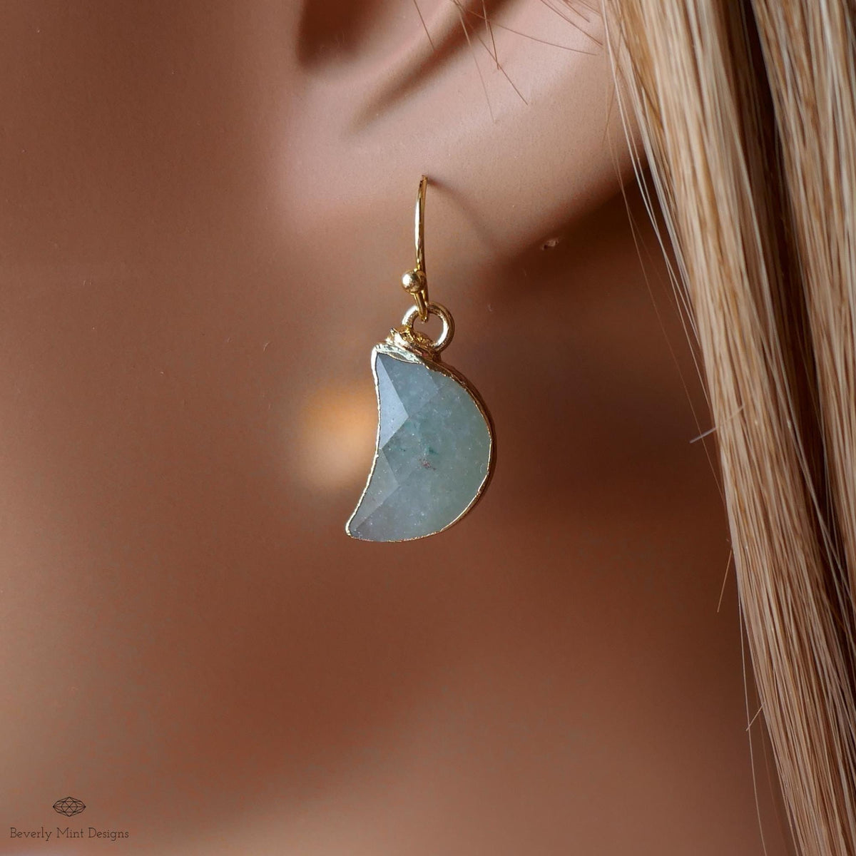 Green Aventurine Moon Earrings, Green Crescent Moon Earrings, Gold Gemstone Drop Earrings, Sensitive Ear & Clip-On Options