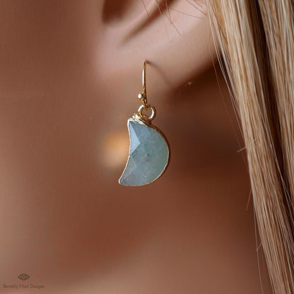Green Aventurine Moon Earrings, Green Crescent Moon Earrings, Gold Gemstone Drop Earrings, Sensitive Ear & Clip-On Options