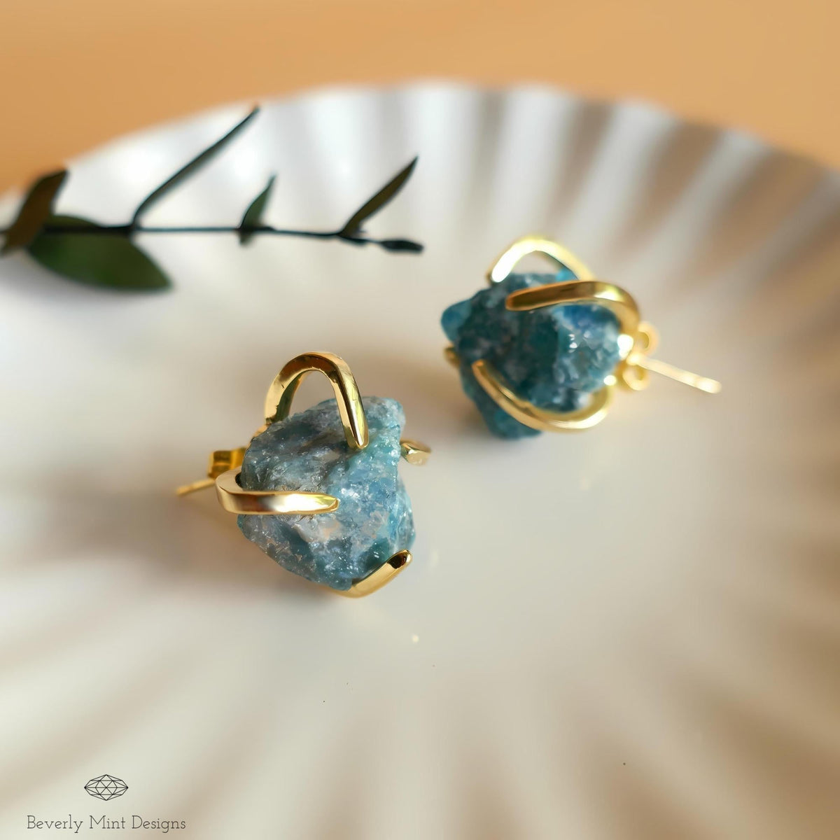 Apatite Stud Earrings with 18K Gold, Green Stone Earrings,  1/2 - 3/4 inches, Natural Raw Stone Earrings, Chakra Stone