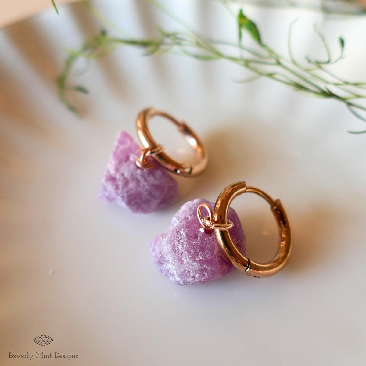 Rose Gold Huggie Hoop Earrings, Raw Ruby July Birthstone, Hypoallergenic Stainless Steel