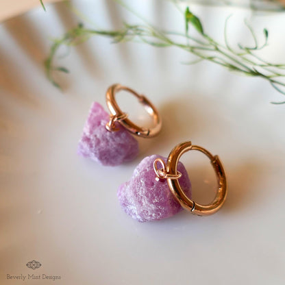 Rose Gold Huggie Hoop Earrings, Raw Ruby July Birthstone, Hypoallergenic Stainless Steel