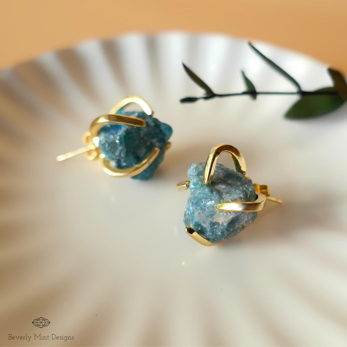 Apatite Stud Earrings with 18K Gold, Green Stone Earrings,  1/2 - 3/4 inches, Natural Raw Stone Earrings, Chakra Stone