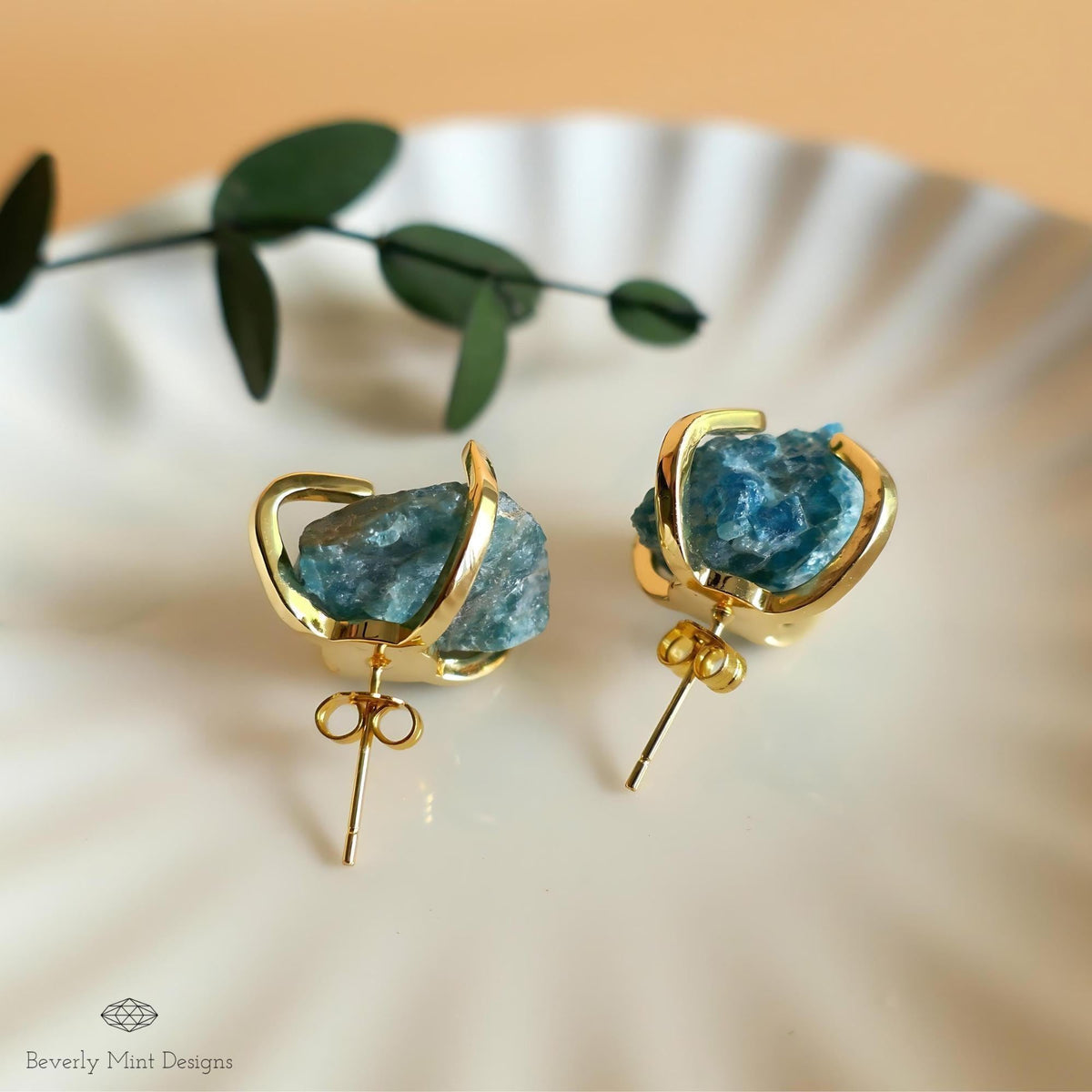 Apatite Stud Earrings with 18K Gold, Green Stone Earrings,  1/2 - 3/4 inches, Natural Raw Stone Earrings, Chakra Stone