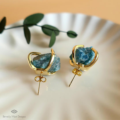 Apatite Stud Earrings with 18K Gold, Green Stone Earrings,  1/2 - 3/4 inches, Natural Raw Stone Earrings, Chakra Stone