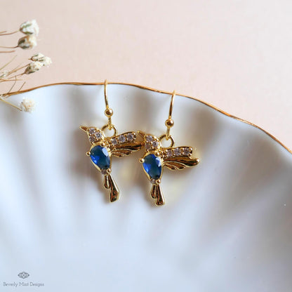 Gold Hummingbird Earrings , Blue Zircon Bird Dangle Earrings , Nature Inspired Jewelry Animal Lover Gift, Sensitive Ear & Clip-On Options