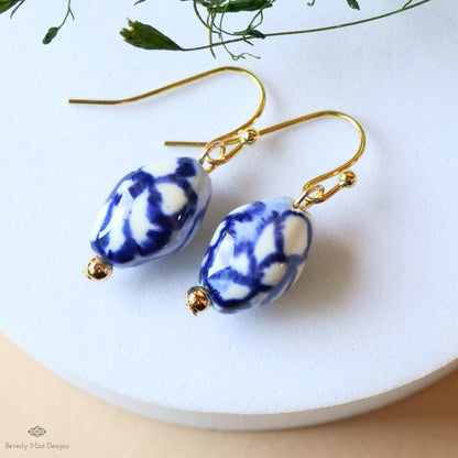 Blue and White Ceramic Earrings, Gold Dangle Earrings, Chinoiserie Style Jewelry, Handmade Bead Earrings, Sensitive Ear & Clip-On Options