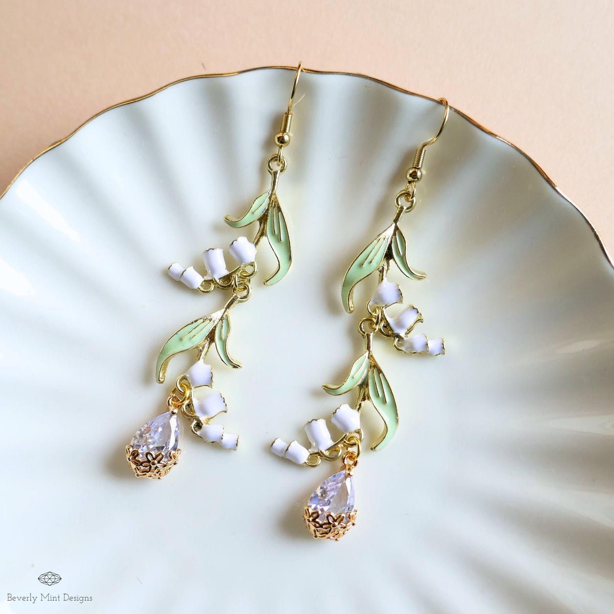 Lily of the Valley Earrings Gold Drop Earrings with CZ Crystal Teardrop, Sensitive Ear & Clip-On Options