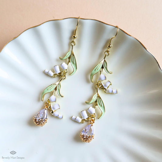 Lily of the Valley Earrings Gold Drop Earrings with CZ Crystal Teardrop, Sensitive Ear & Clip-On Options