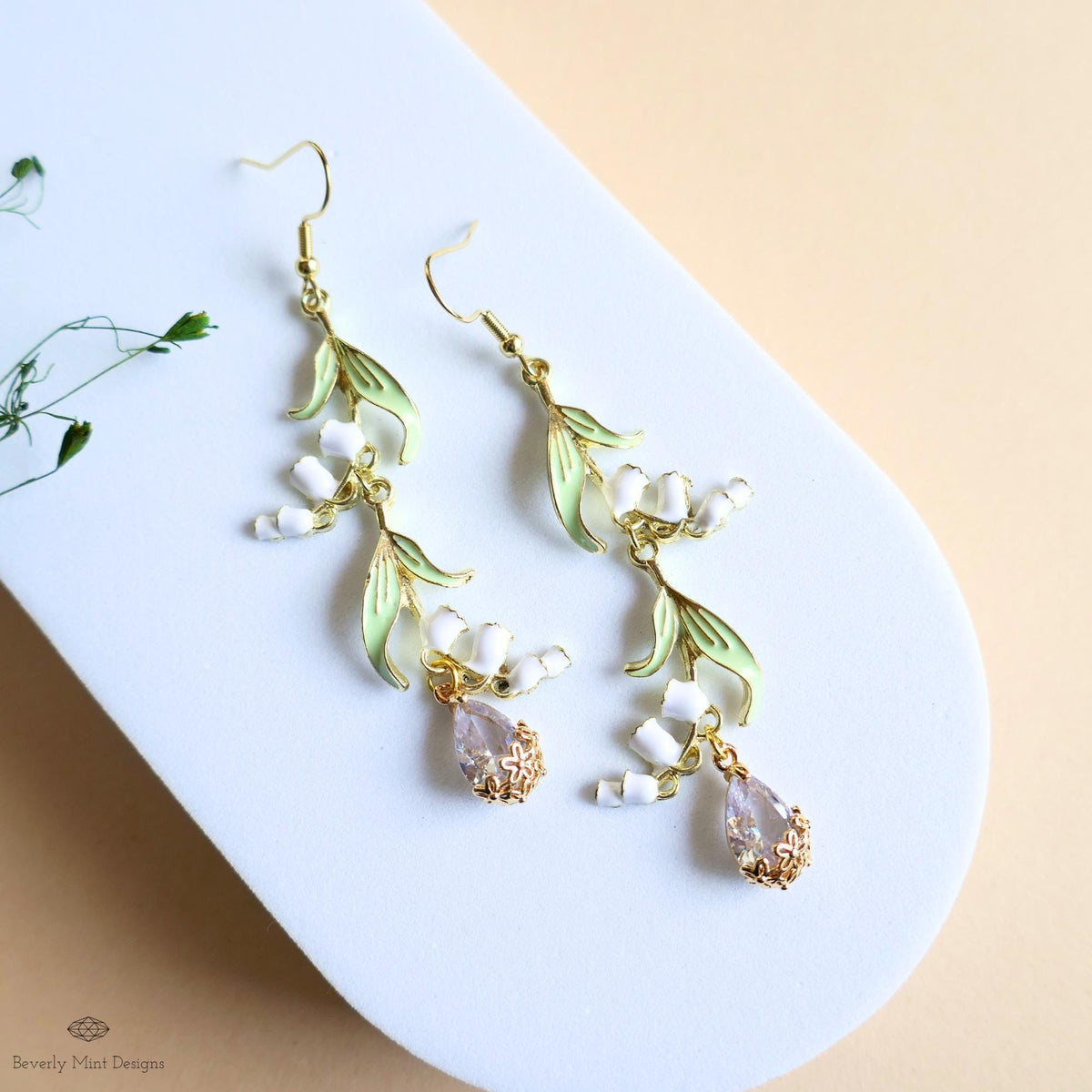 Lily of the Valley Earrings Gold Drop Earrings with CZ Crystal Teardrop, Sensitive Ear & Clip-On Options