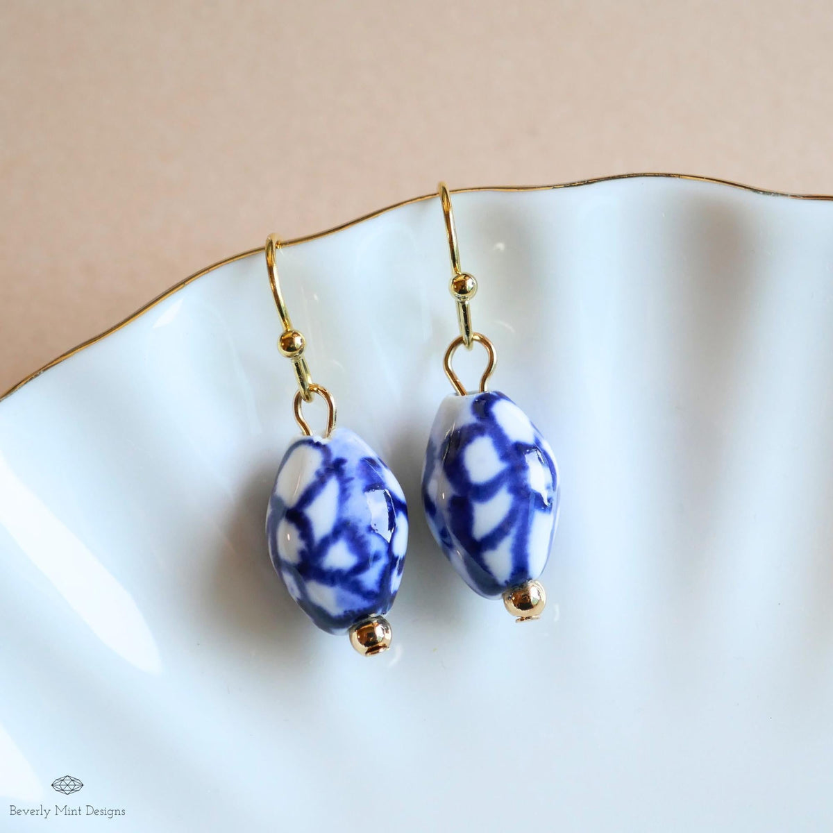 Blue and White Ceramic Earrings, Gold Dangle Earrings, Chinoiserie Style Jewelry, Handmade Bead Earrings, Sensitive Ear & Clip-On Options