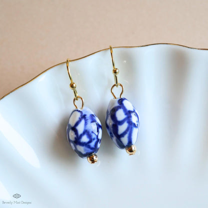 Blue and White Ceramic Earrings, Gold Dangle Earrings, Chinoiserie Style Jewelry, Handmade Bead Earrings, Sensitive Ear & Clip-On Options