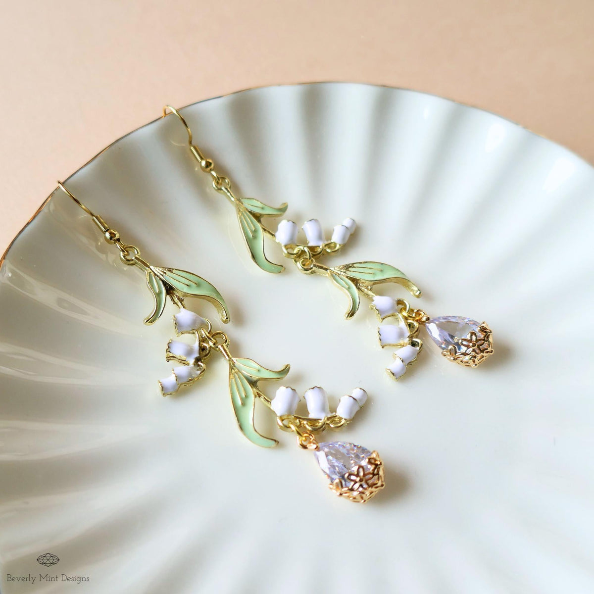 Lily of the Valley Earrings Gold Drop Earrings with CZ Crystal Teardrop, Sensitive Ear & Clip-On Options