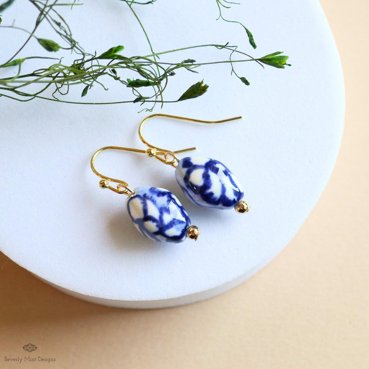 Blue and White Ceramic Earrings, Gold Dangle Earrings, Chinoiserie Style Jewelry, Handmade Bead Earrings, Sensitive Ear & Clip-On Options