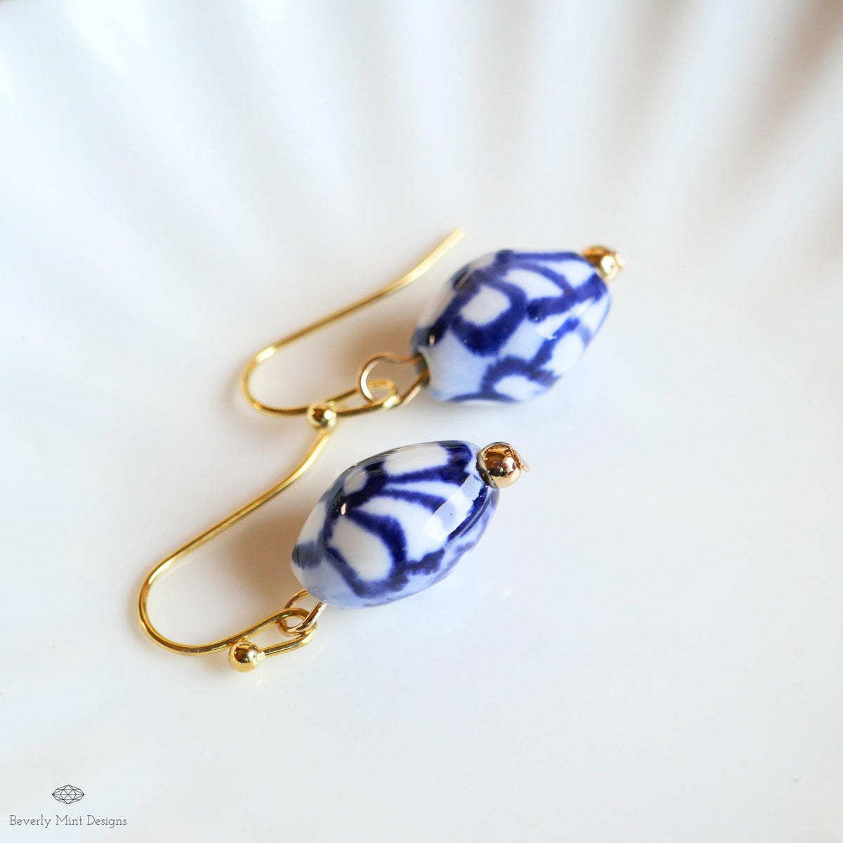 Blue and White Ceramic Earrings, Gold Dangle Earrings, Chinoiserie Style Jewelry, Handmade Bead Earrings, Sensitive Ear & Clip-On Options