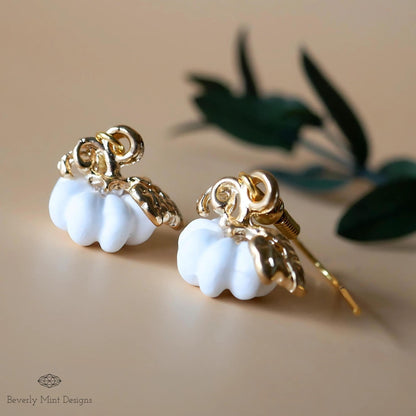 Halloween Pumpkin Earrings, Cute Tiny White Pumpkin Earrings, Fall White Jewelry, Fun Halloween Accessories, Sensitive Ear & Clip-On Options
