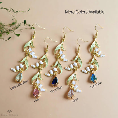 Lily of the Valley Earrings Gold Drop Earrings with CZ Crystal Teardrop, Sensitive Ear & Clip-On Options