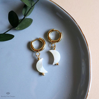Mother of pearl moon earrings, Chunky gold hoop earrings, Celestial earrings, Dainty moon jewelry, Gift for her, Handmade earrings