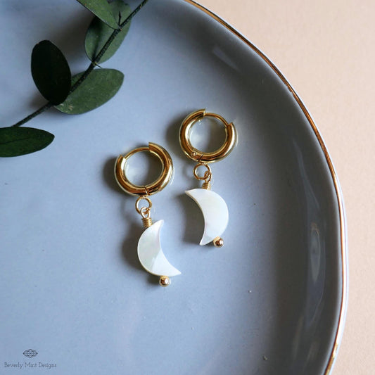 Mother of pearl moon earrings, Chunky gold hoop earrings, Celestial earrings, Dainty moon jewelry, Gift for her, Handmade earrings