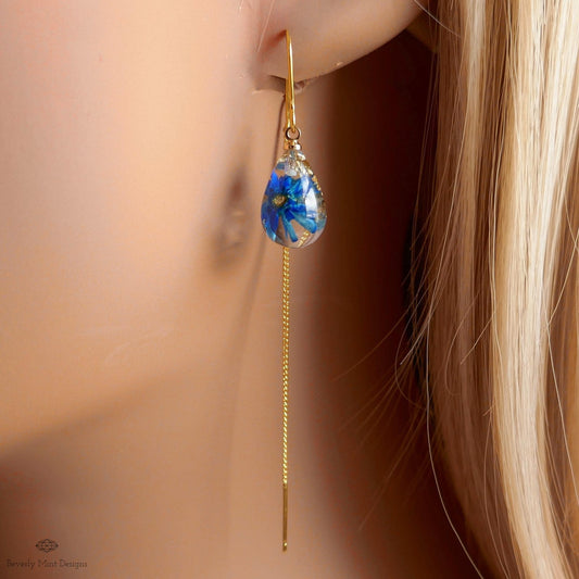 Blue Dry Flower Resin Threader Earrings Floral Drop Earrings Gold Chain Botanical Jewelry Dainty Handmade, Sensitive Ear & Clip-On Options