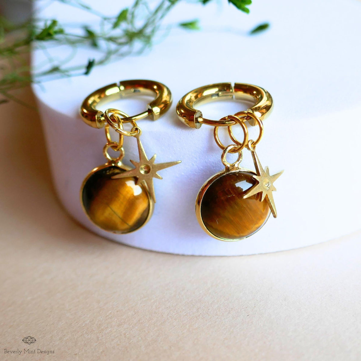 Tiger’s Eye Star Earrings, Natural Stone Hoop Earrings, Gold Crystal Dangles, Boho Celestial Jewelry, Round Stone Earrings