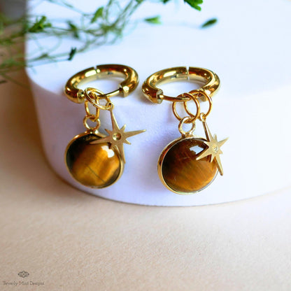 Tiger’s Eye Star Earrings, Natural Stone Hoop Earrings, Gold Crystal Dangles, Boho Celestial Jewelry, Round Stone Earrings