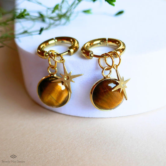 Tiger’s Eye Star Earrings, Natural Stone Hoop Earrings, Gold Crystal Dangles, Boho Celestial Jewelry, Round Stone Earrings