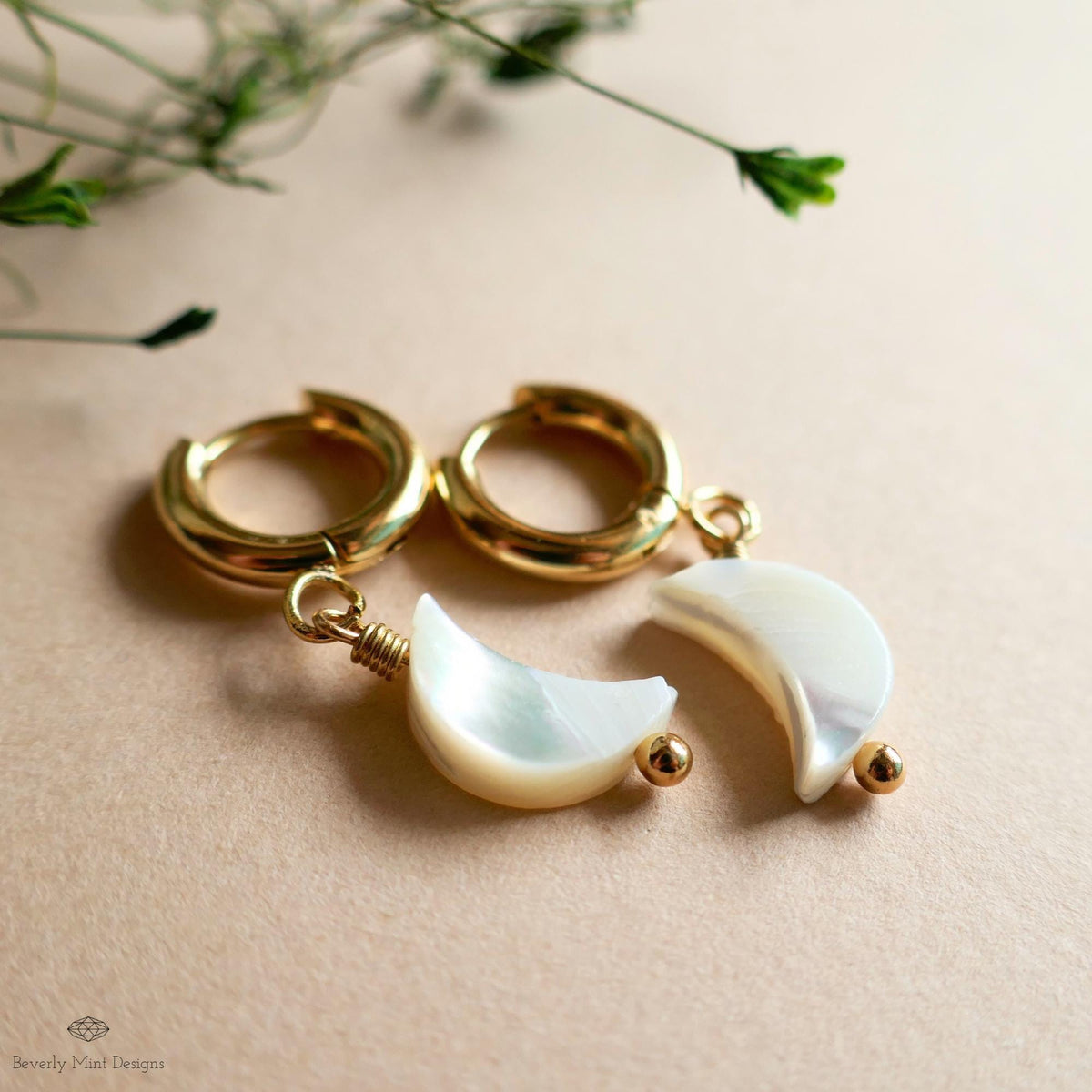 Mother of pearl moon earrings, Chunky gold hoop earrings, Celestial earrings, Dainty moon jewelry, Gift for her, Handmade earrings