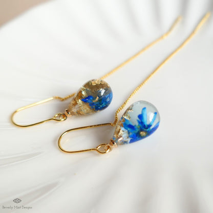 Blue Dry Flower Resin Threader Earrings Floral Drop Earrings Gold Chain Botanical Jewelry Dainty Handmade, Sensitive Ear & Clip-On Options