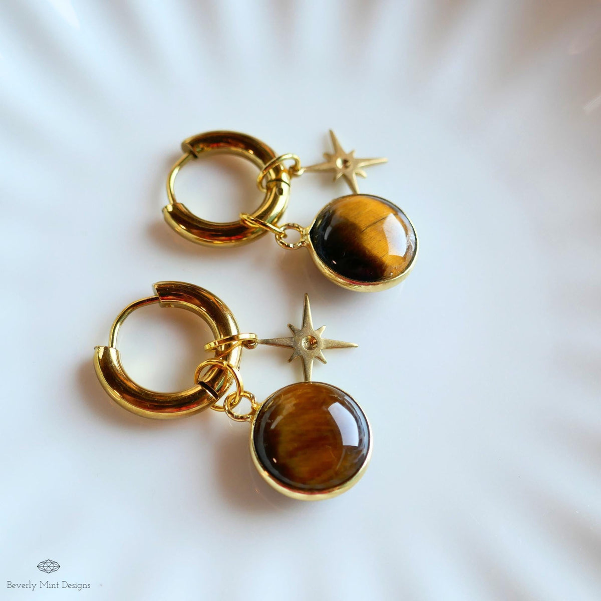 Tiger’s Eye Star Earrings, Natural Stone Hoop Earrings, Gold Crystal Dangles, Boho Celestial Jewelry, Round Stone Earrings