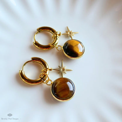 Tiger’s Eye Star Earrings, Natural Stone Hoop Earrings, Gold Crystal Dangles, Boho Celestial Jewelry, Round Stone Earrings