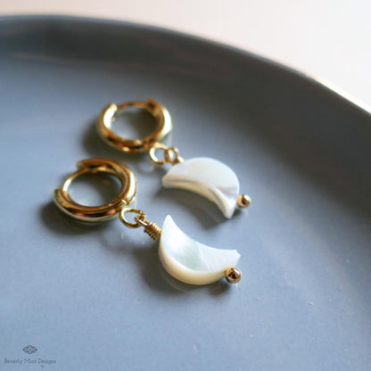 Mother of pearl moon earrings, Chunky gold hoop earrings, Celestial earrings, Dainty moon jewelry, Gift for her, Handmade earrings