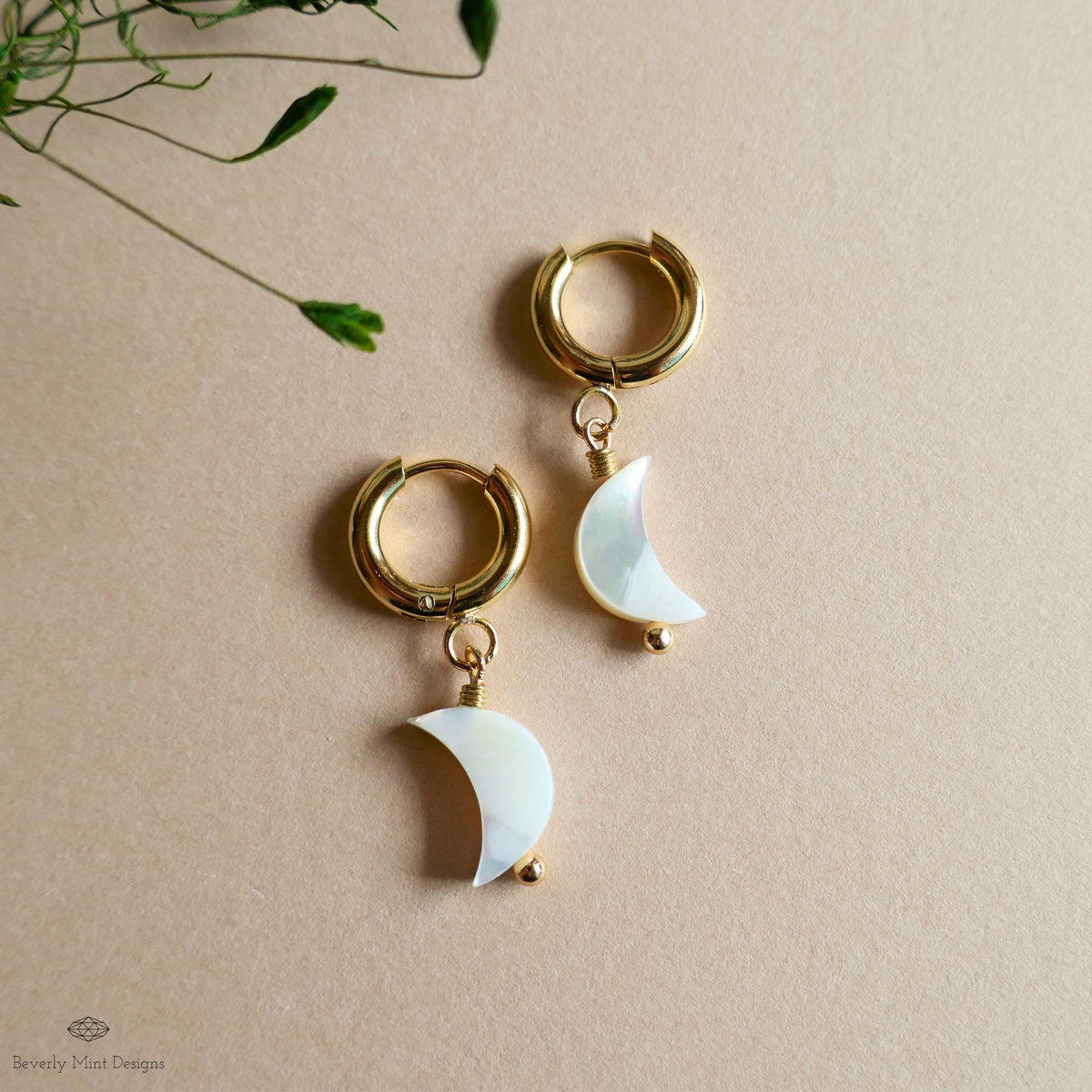Mother of pearl moon earrings, Chunky gold hoop earrings, Celestial earrings, Dainty moon jewelry, Gift for her, Handmade earrings