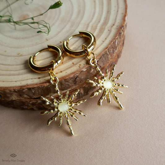Gold Sunburst Hoop Earrings with White Stone, Celestial Statement Jewelry, Chunky Huggie Earrings, Boho Dangle Earrings, Holiday Gift