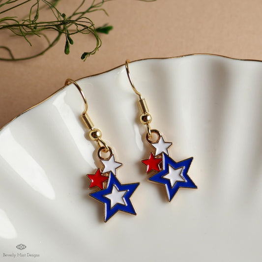 USA Earrings, American Flag Earrings, Red White Blue Star Earrings, USA Patriotic Earrings, Sensitive Ear & Clip-On Options