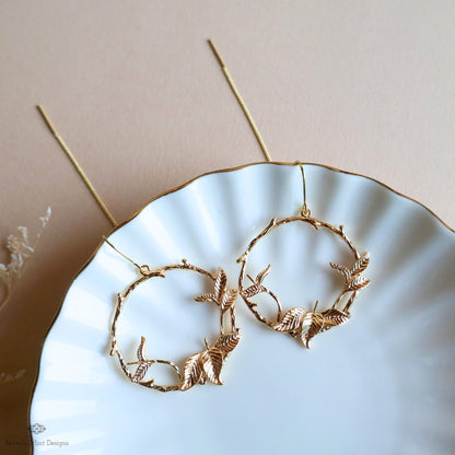 Gold Leaf Threader Earrings, Botanical Hoop Earrings, Nature Inspired Dangle Earrings, Sensitive Ear & Clip-On Options