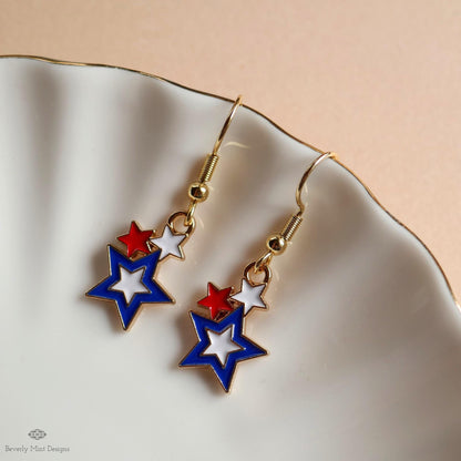 USA Earrings, American Flag Earrings, Red White Blue Star Earrings, USA Patriotic Earrings, Sensitive Ear & Clip-On Options