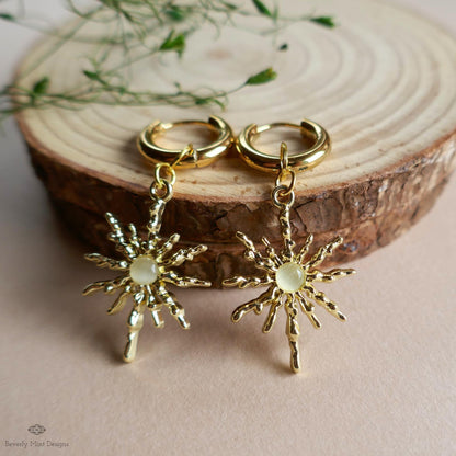 Gold Sunburst Hoop Earrings with White Stone, Celestial Statement Jewelry, Chunky Huggie Earrings, Boho Dangle Earrings, Holiday Gift