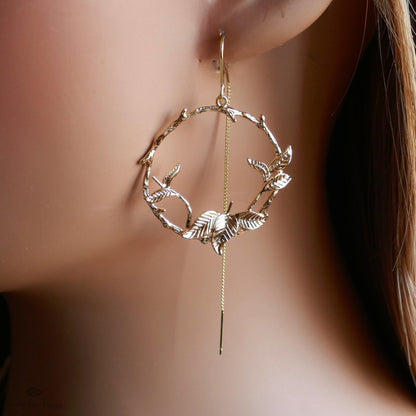 Gold Leaf Threader Earrings, Botanical Hoop Earrings, Nature Inspired Dangle Earrings, Sensitive Ear & Clip-On Options