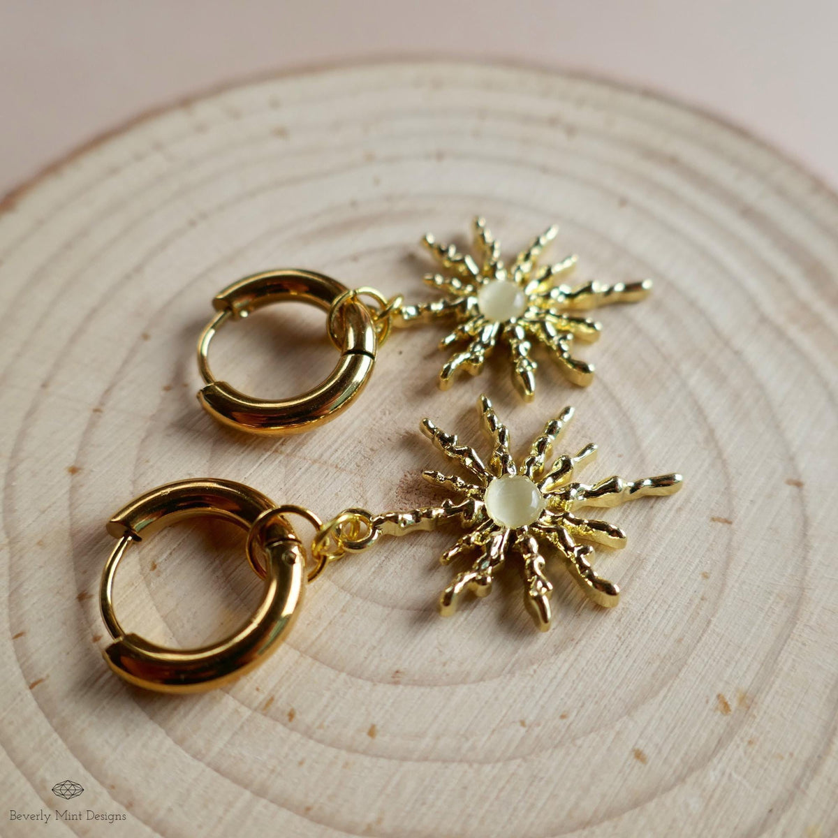 Gold Sunburst Hoop Earrings with White Stone, Celestial Statement Jewelry, Chunky Huggie Earrings, Boho Dangle Earrings, Holiday Gift