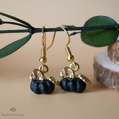 Halloween Pumpkin Earrings, Tiny Cute Black Pumpkin Dangle Earrings, Fall Jewelry, Sensitive Ear & Clip-On Options