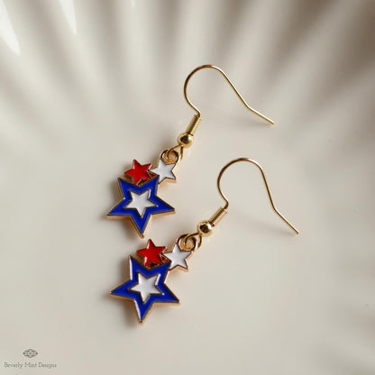 USA Earrings, American Flag Earrings, Red White Blue Star Earrings, USA Patriotic Earrings, Sensitive Ear & Clip-On Options