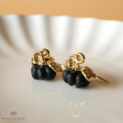 Halloween Pumpkin Earrings, Tiny Cute Black Pumpkin Dangle Earrings, Fall Jewelry, Sensitive Ear & Clip-On Options