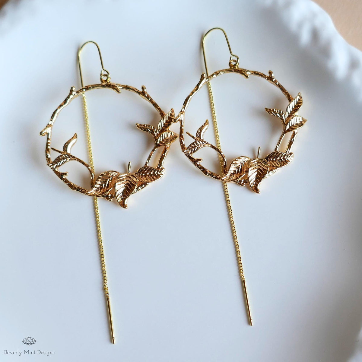 Gold Leaf Threader Earrings, Botanical Hoop Earrings, Nature Inspired Dangle Earrings, Sensitive Ear & Clip-On Options