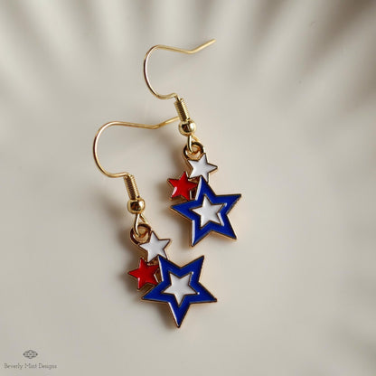 USA Earrings, American Flag Earrings, Red White Blue Star Earrings, USA Patriotic Earrings, Sensitive Ear & Clip-On Options