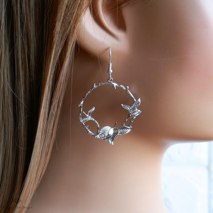 Silver Leaf Hoop Earrings, Nature Inspired Earrings, Botanical Branch Earrings, Handmade Jewelry for Her, Woodland Dangle Earrings
