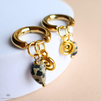 Dalmatian Jasper Earrings, Gold Spiral Charm Hoops, Zebra Rock Jewelry, Symbolic Boho Earrings, Dainty Gemstone